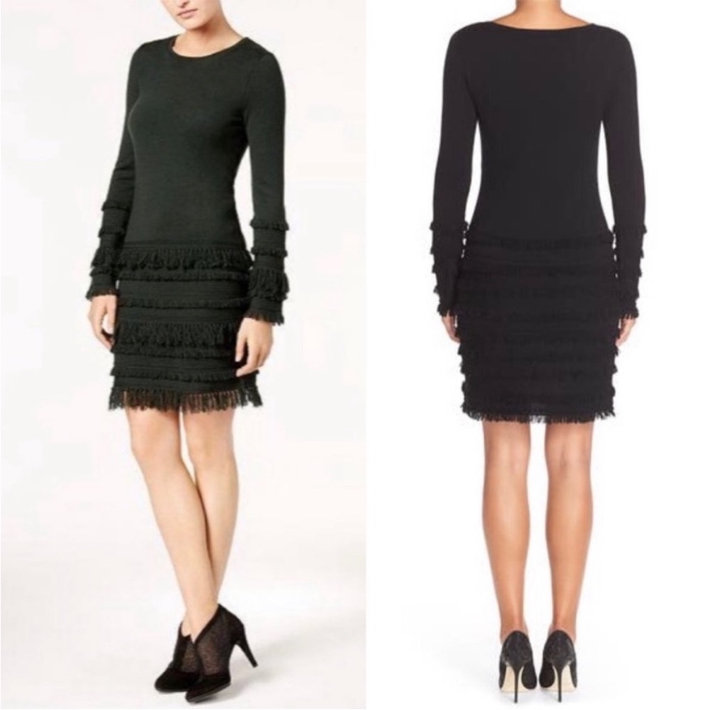 Trina Turk Merino Wool Charcoal Sass Fringe Knit Long Sleeve Dress Women Size L
